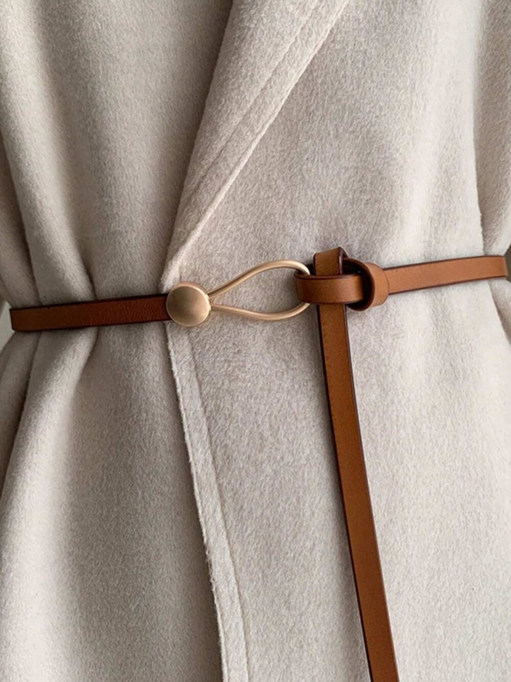 Cognac Brown Faux Leather Skinny Belt with Gold Hook Buckle